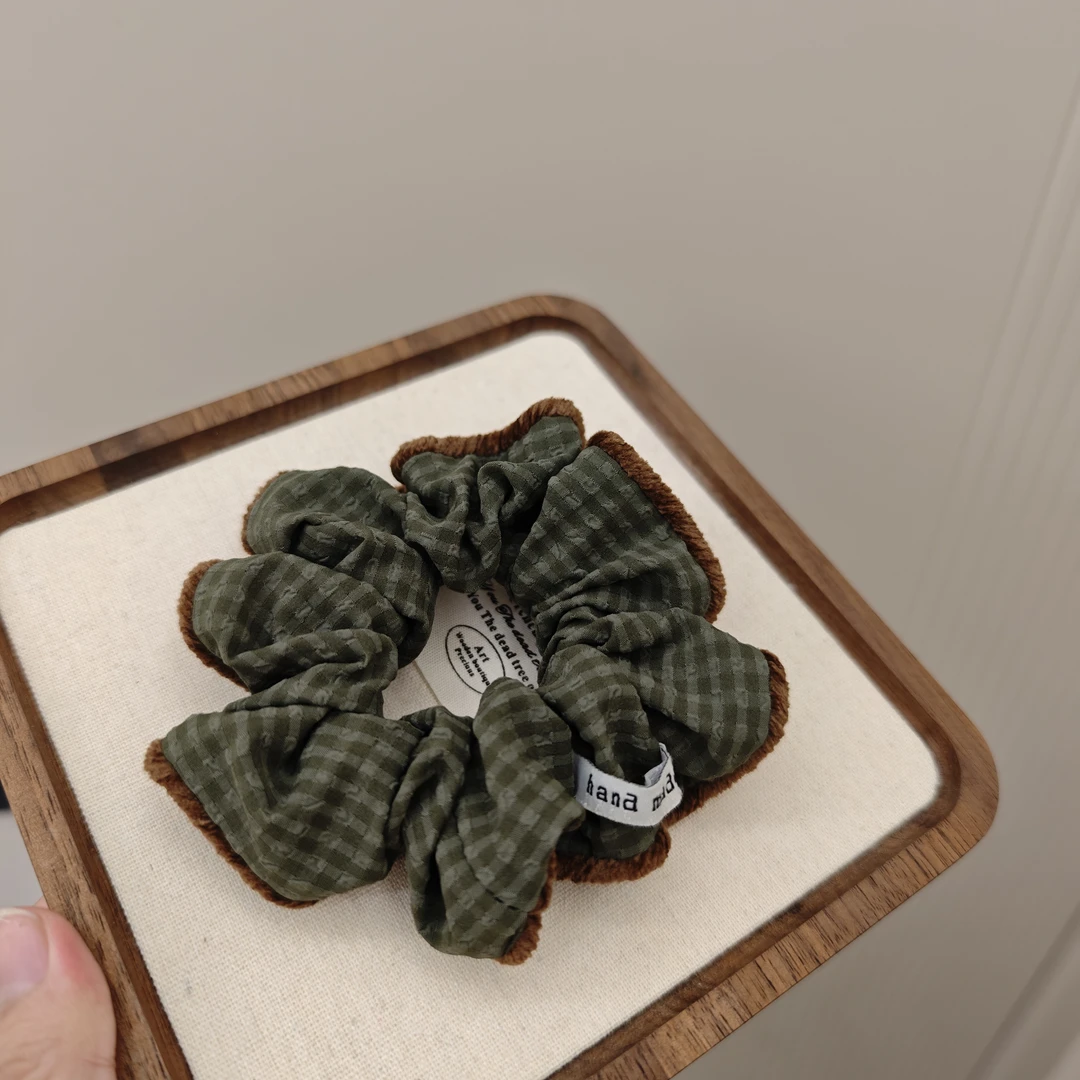韩系新款绿色格纹发圈复古气质度假咖色花边丸子头发绳发饰头饰