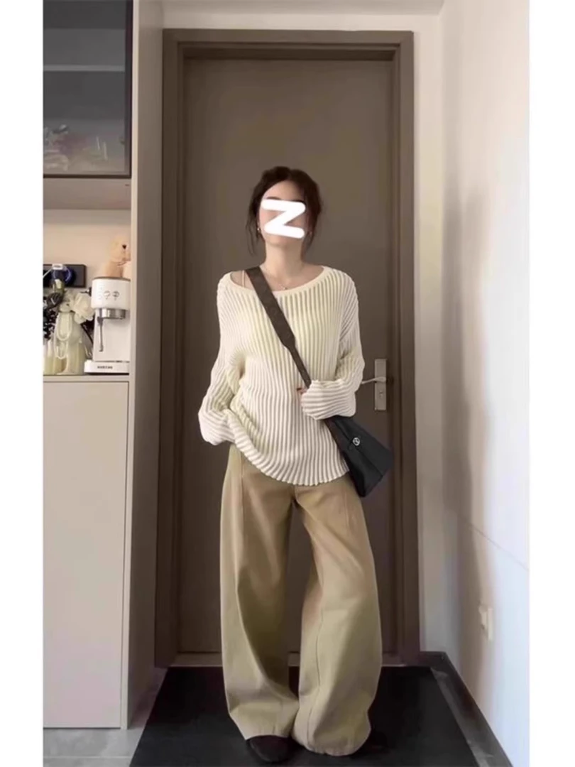 赤兔三色纸片人坑条微透视慵懒毛衣宽松显瘦镂空上衣长袖慵懒风