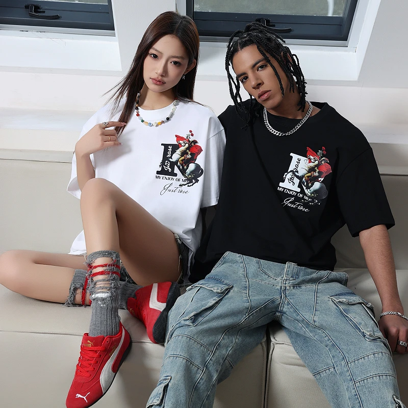 拿破仑印花美式落肩款夏季纯棉热转印短袖国潮休闲运动T恤衫