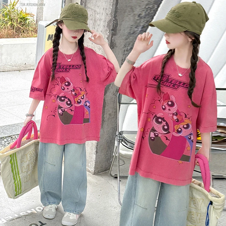 女童夏季套装薄款中大童短袖T恤衫牛仔裤两件套小学生网红洋气潮