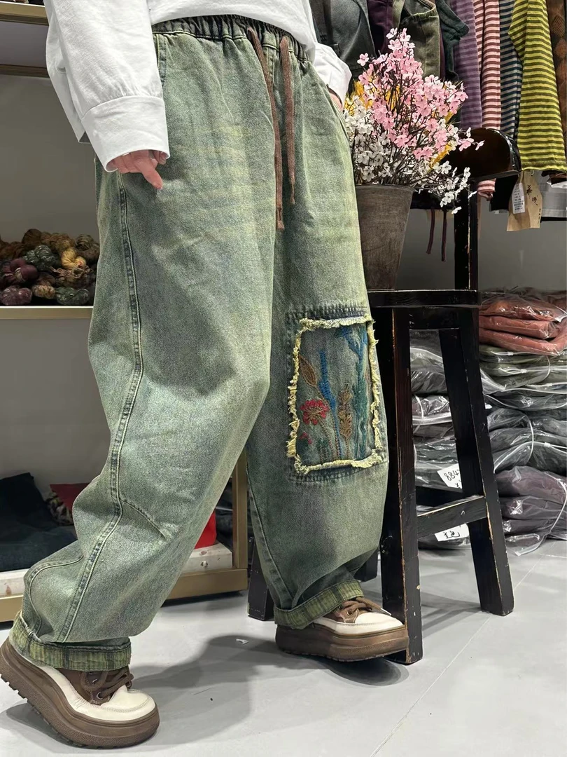 毛边刺绣牛仔裤5627
