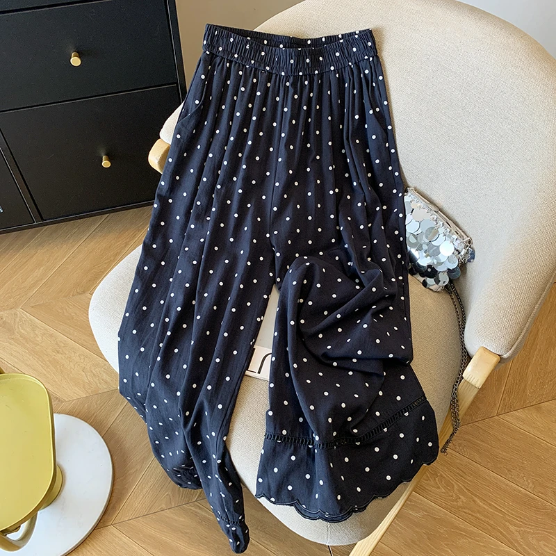 2025夏新款复古高腰百搭气质波点阔腿裤女宽松显瘦休闲直筒裤长裤