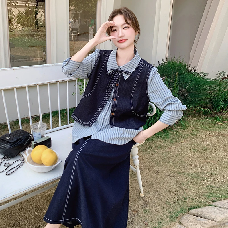 牛仔马甲条纹衬衫半身裙套装女2025新款春季百搭流行高级感两件套