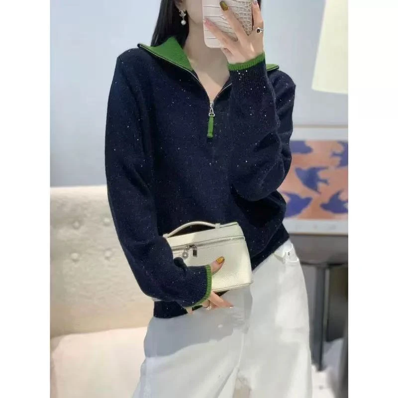 9169-3582 撞色休闲针织长袖宽松毛针织衫