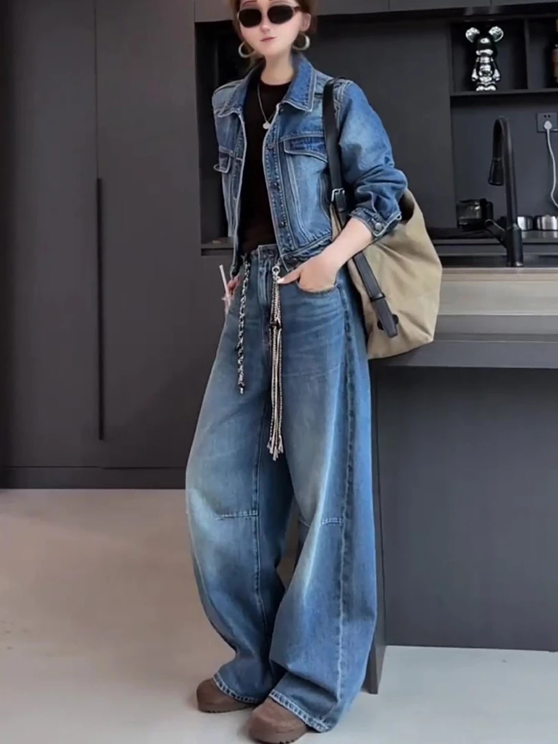 美式复古蓝色牛仔套装女2025新款POLO领短款夹克外套阔腿裤两件套