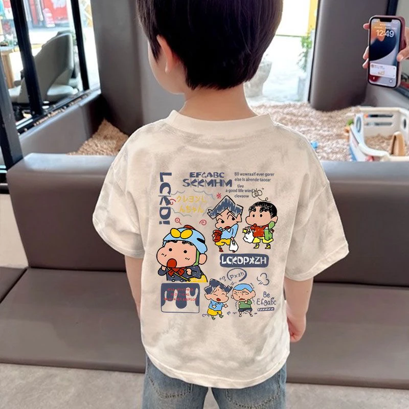 扎染男童纯棉短袖T恤夏季新款卡通儿童蜡笔小新衣服女童宝宝上衣t