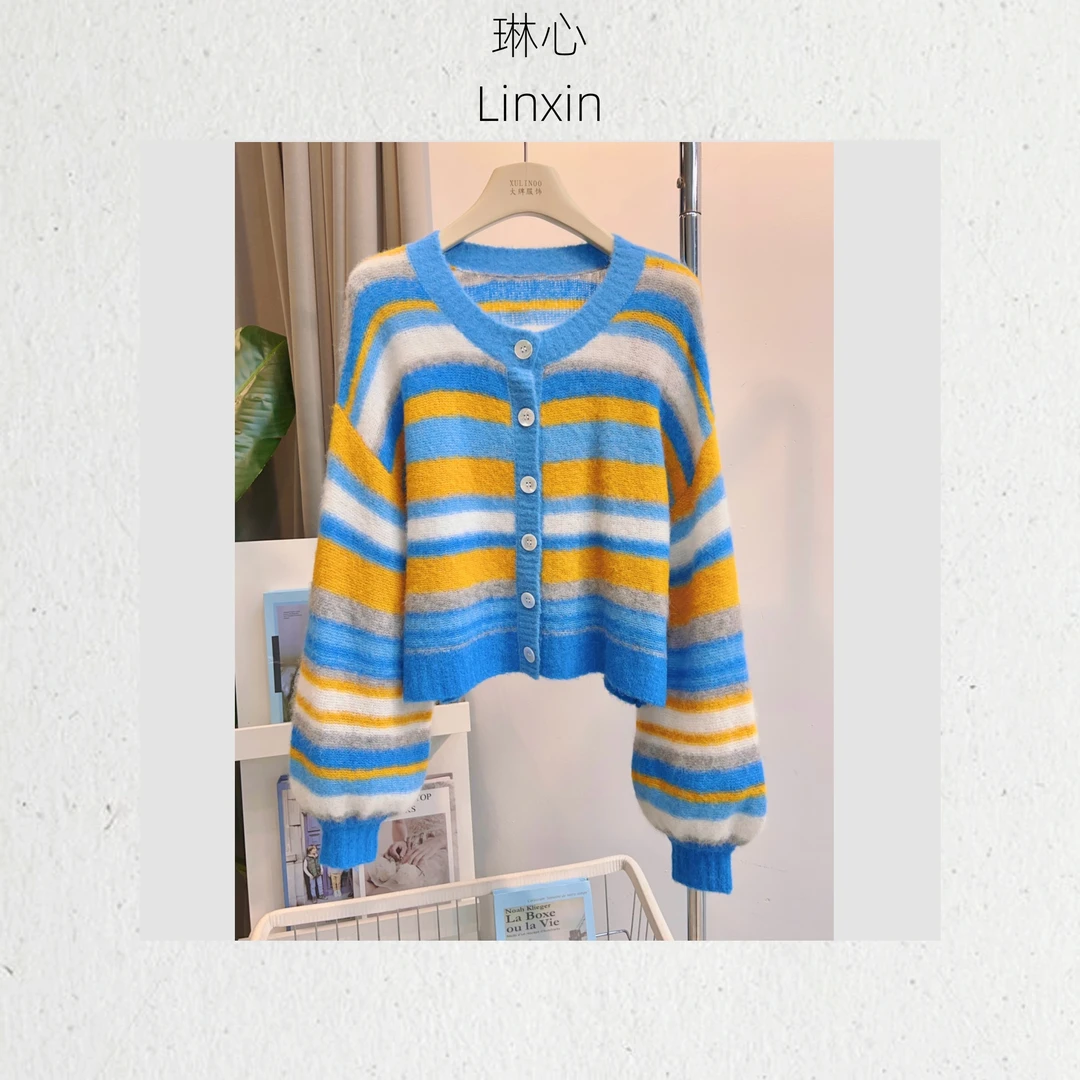 秋冬甜美气质宽松慵懒风蓝黄撞色针织开衫外套0001