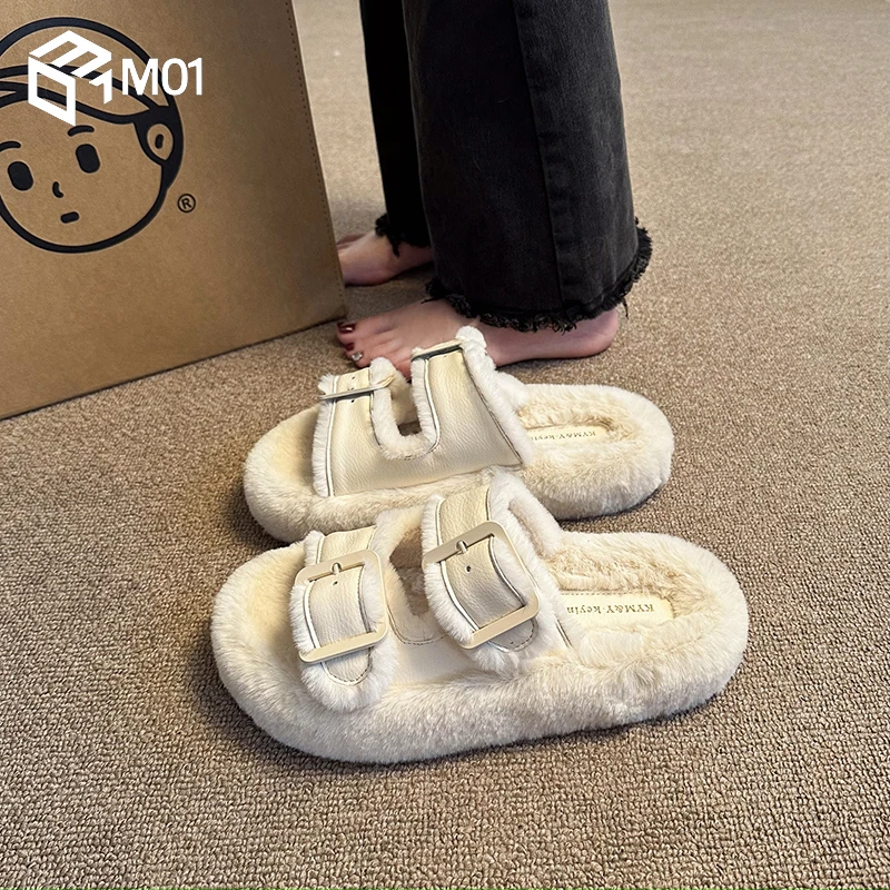 M01毛毛拖鞋女外穿2025新款韩版潮鞋秋冬一字扣带棉拖鞋子春夏季