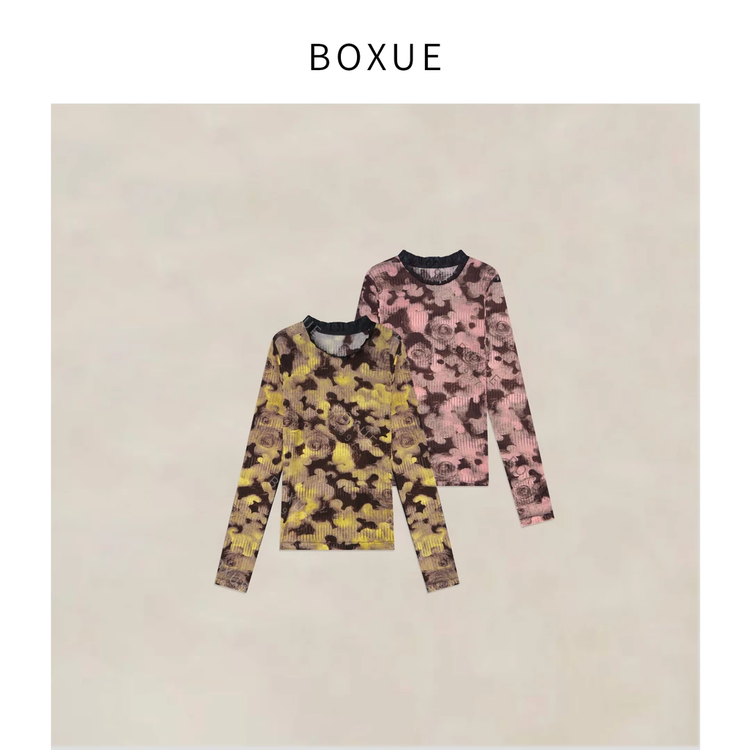 BOXUE”相思意”2025春季新款定染手工扎染玫瑰轻奢 T恤#250411T022