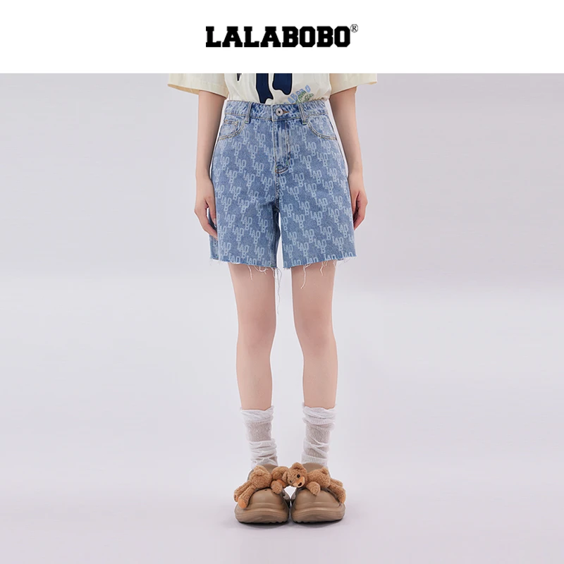 【芋总】LALA新款五分磨毛牛仔短裤女宽松高腰破洞老花休闲时尚