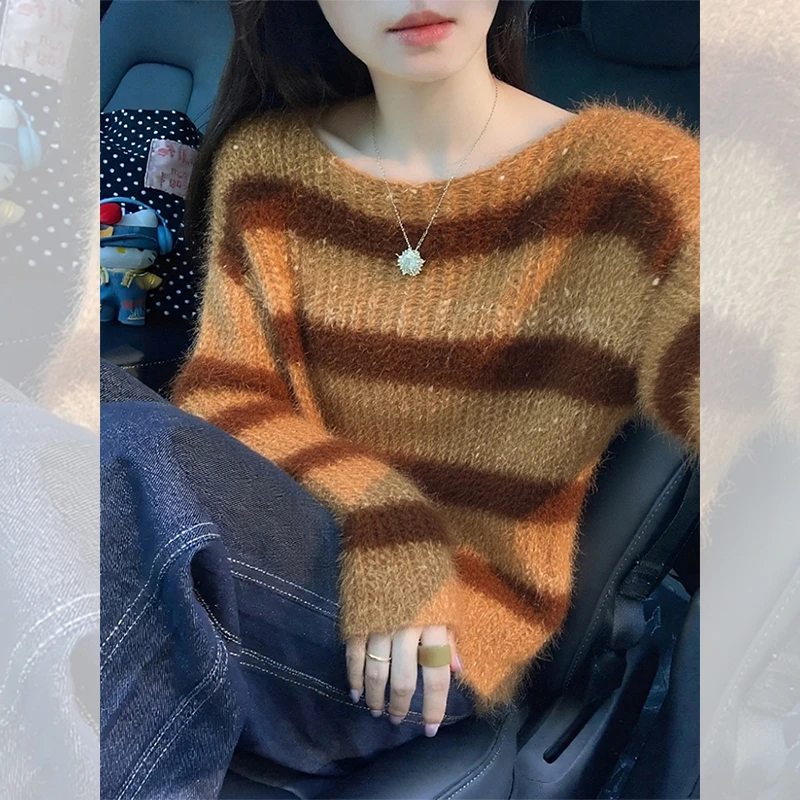 咖色条纹亮丝加厚针织打底衫秋冬新款时尚洋气高贵百搭上衣服女装