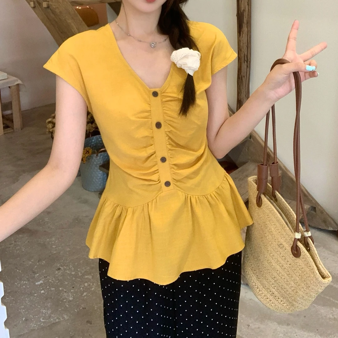 大码胖mm法式V领黄色褶皱短袖衬衫女夏修身短款衬衣通勤百搭上衣