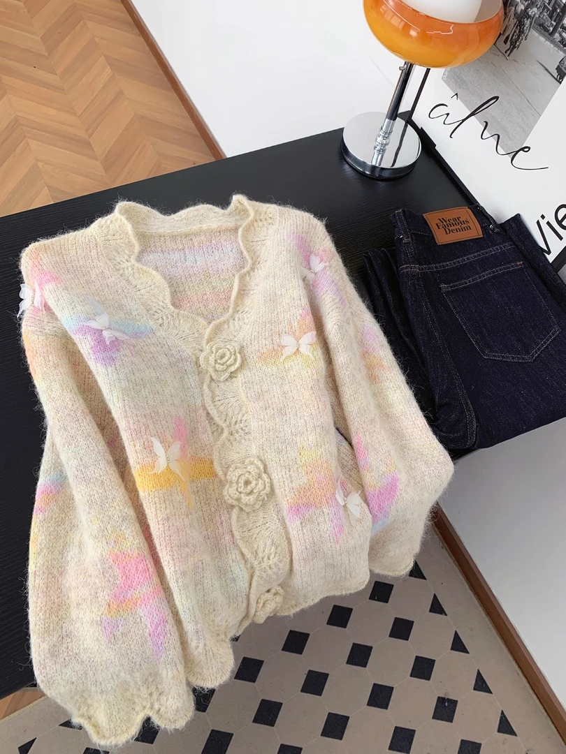 温柔风黄色立体蝴蝶提花毛衣开衫女秋冬洋气漂亮手工花朵针织上衣