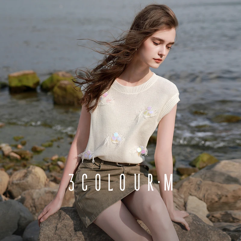 三彩2025夏季新款休闲圆领短袖针织衫流苏亮片毛衫轻薄套头衫M