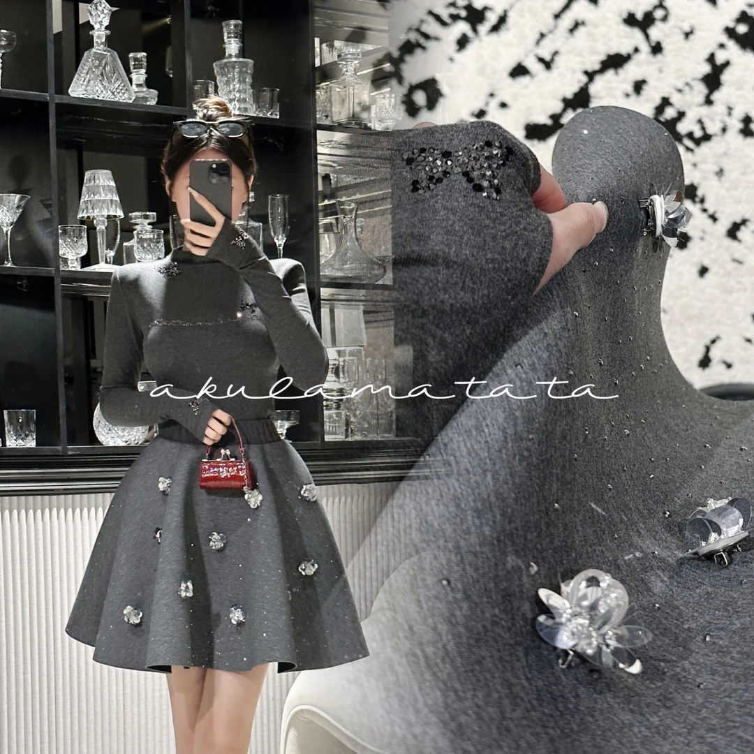 法式短裙套装莫奈花园黑色满天星铂金立体浮雕显瘦10花短裙2件套