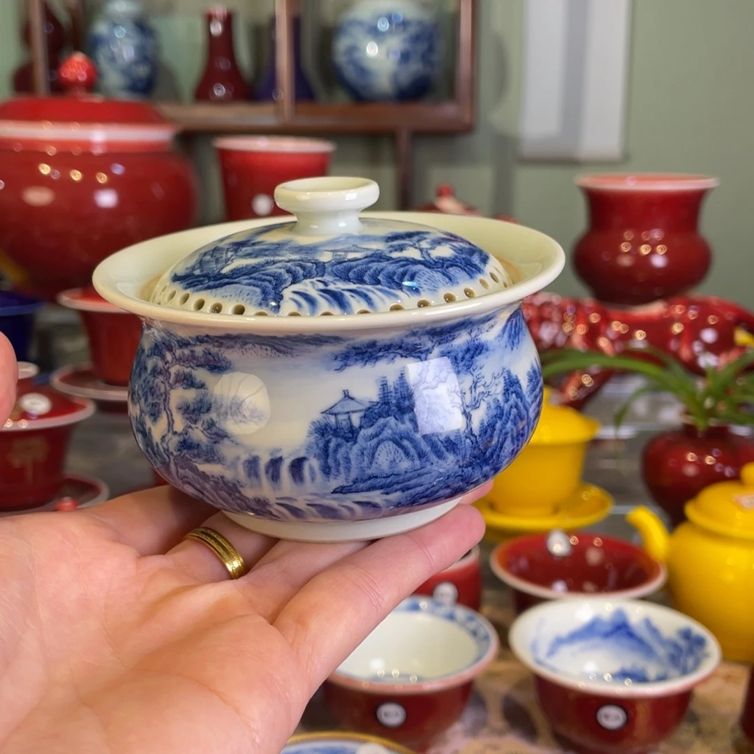 鱼***?清欢柴窑，山水瀑布盖碗