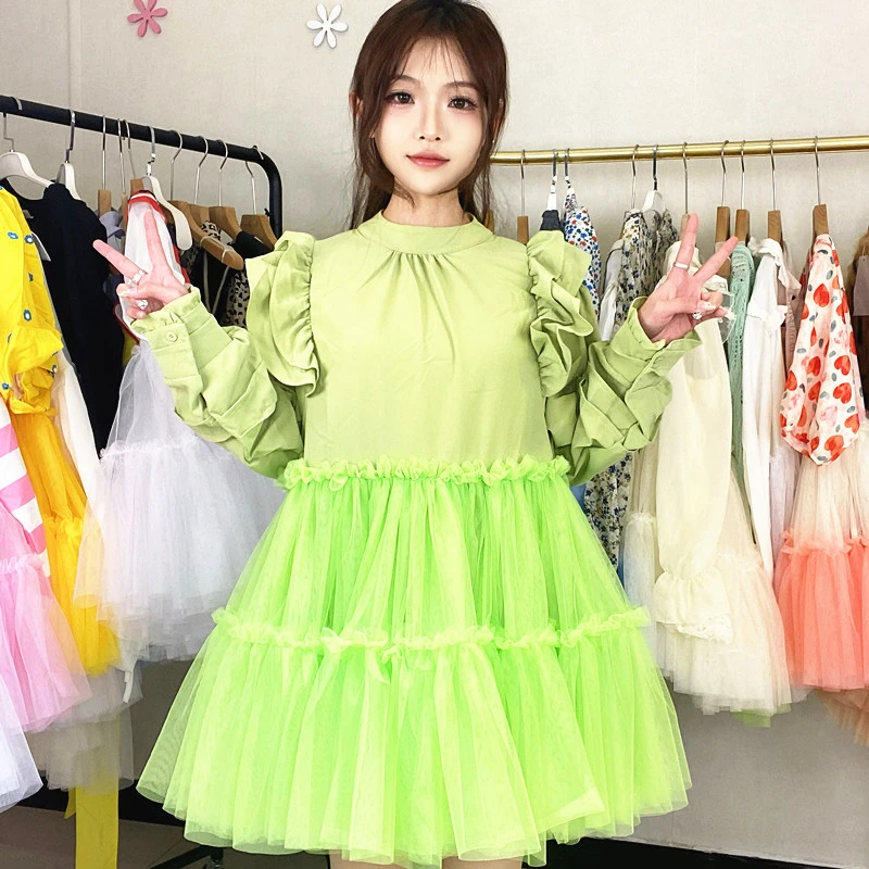 设计师款春夏网纱拼接连衣裙女款洋气重工蓬蓬裙漂亮别致纯色小衫