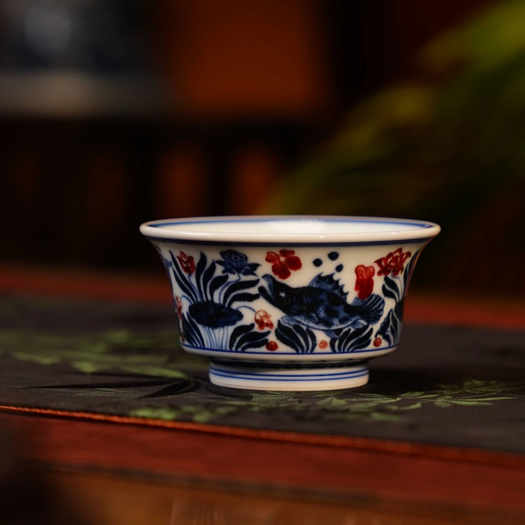 正德御窑永明尚玩鱼藻小马蹄杯陶瓷景德镇手绘品茗泡茶茶器1228