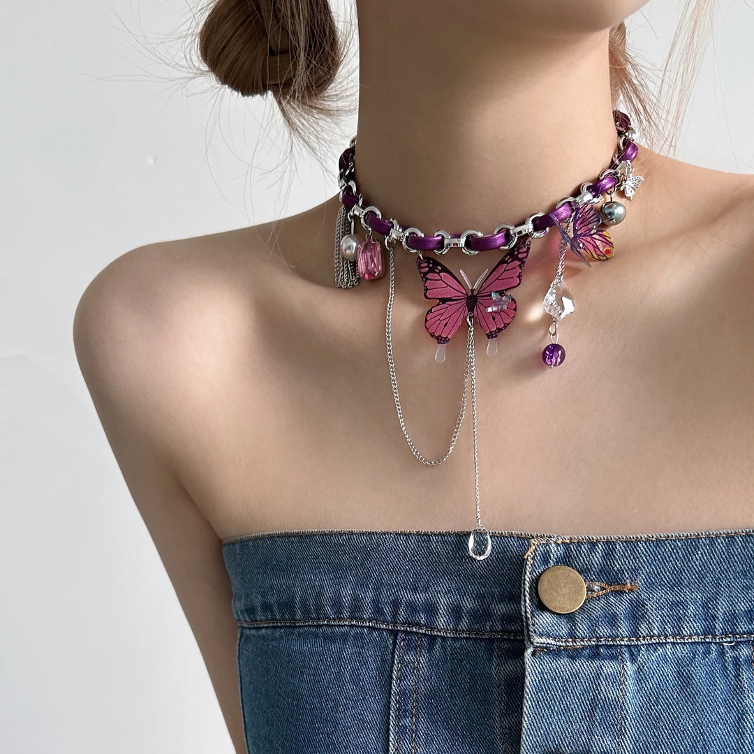 合金皮质项链 X5713-1甜酷朋克个性潮流高级感粉蝴蝶皮绳流苏项链