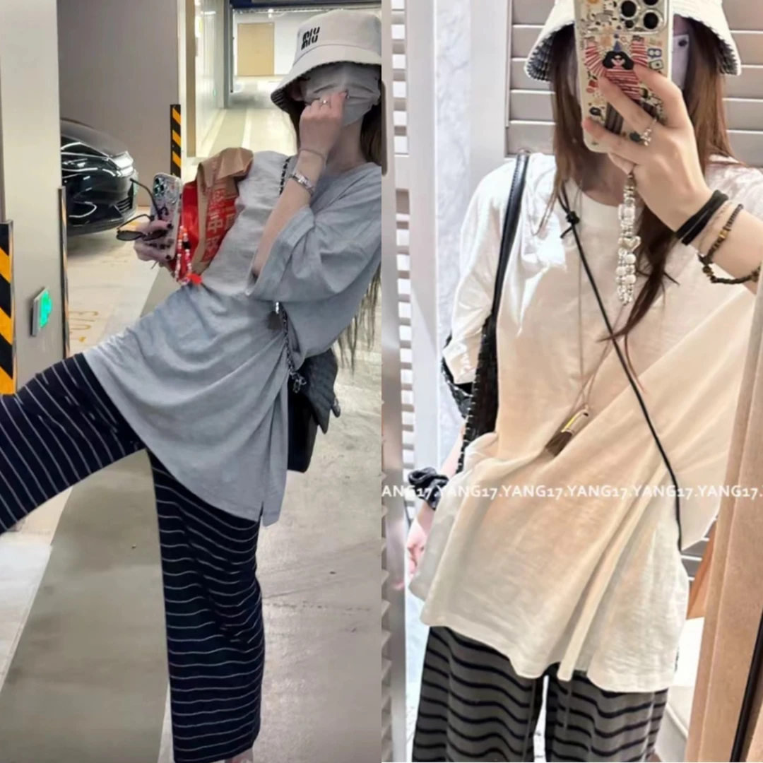 欧洲站竹节棉短袖t恤+直筒条纹九分裤时尚套装女泡菜慵懒风两件套