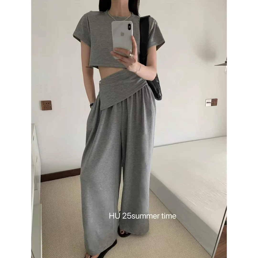 夏季韩版简约休闲百搭时尚减龄纯色露腰设计感套装气质显瘦9115#A