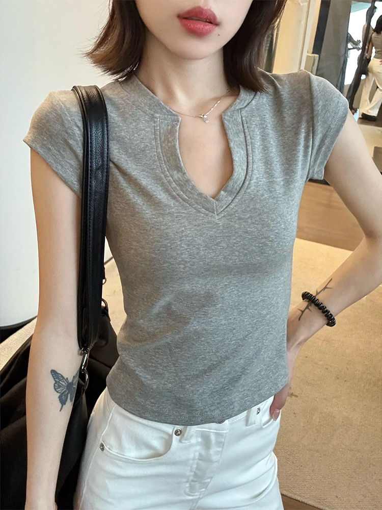 2025夏季新款灰色短袖T恤上衣时尚百搭修身洋气显瘦女辣妹纯色T