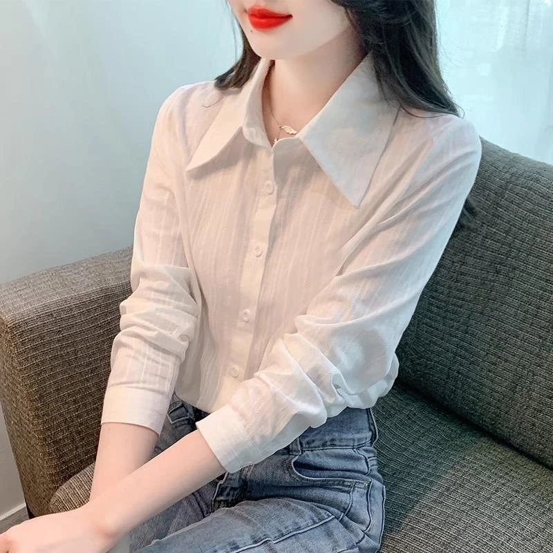 2025年春秋新款时尚poio领长袖爆款白色打底衬衫百搭职业欧货上衣