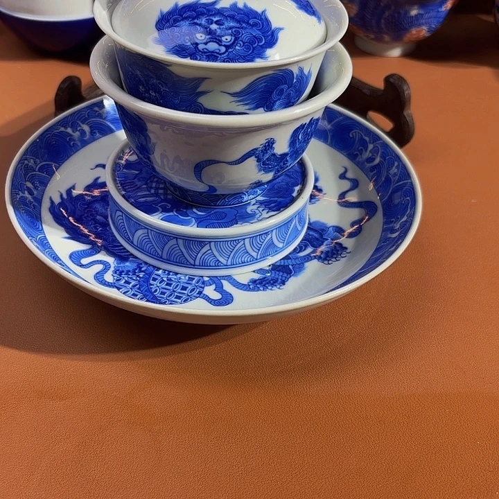 财***爷青花手工手绘狮4件套