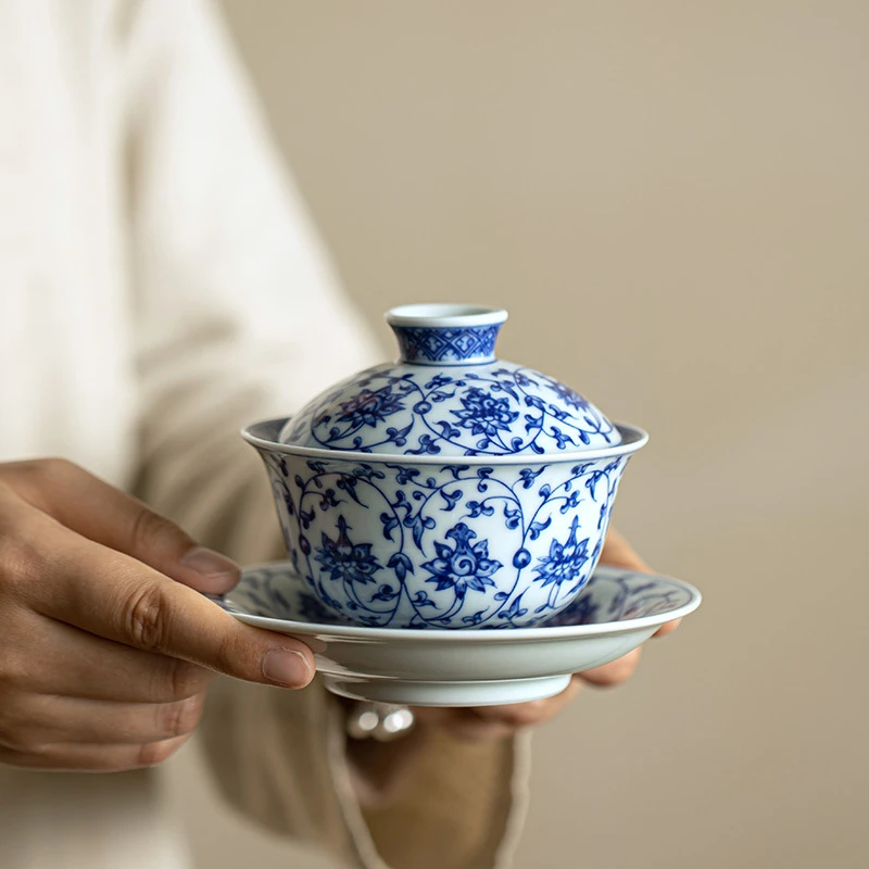 德国品质景德镇釉下彩三才青花盖碗茶具敬茶碗泡茶碗陶瓷家用功夫