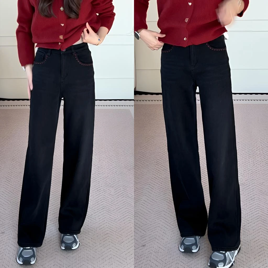 【YHH】冬季韩版显瘦厚绒口袋刺绣窄版阔腿牛仔长裤-YHK50482