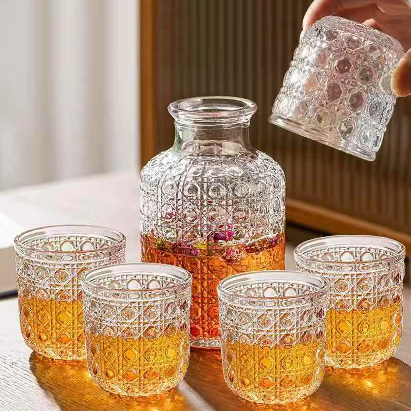 复古浮雕冷水壶玻璃凉水壶一壶五杯家用大容量花茶水壶套装