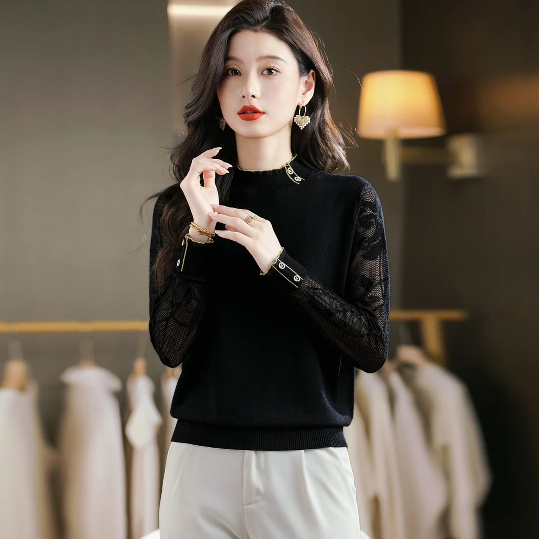 哥弟阿玛施正品秋季新款拼色圆领镂空针织衫长袖时尚休闲设计感