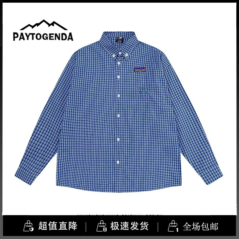 巴塔paytogenda旗舰店蓝色格子刺绣长袖衬衫男女秋季百搭格纹衬衣