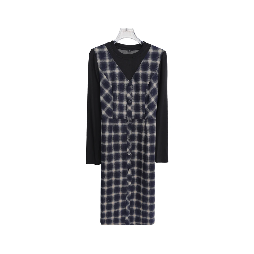 圆领格纹复古宽松拼接气质单排扣连衣裙S3536