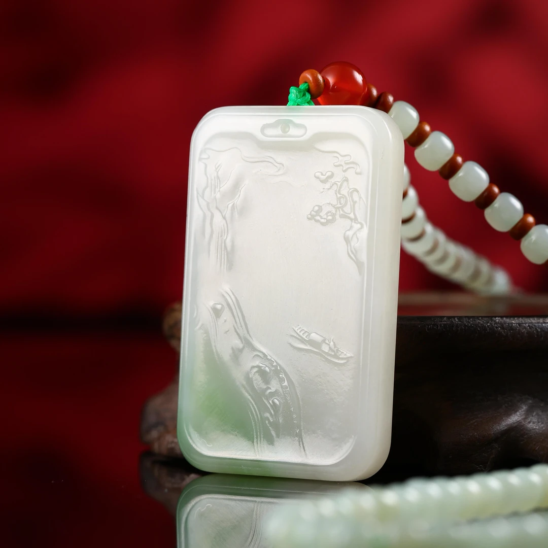 dx和田玉翠青玉巧雕山水牌饰250715103