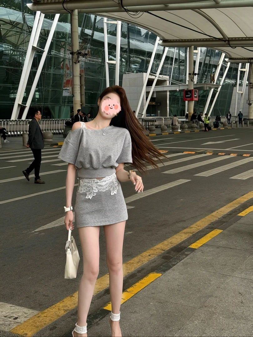 斜肩吊带性感束腰设计感上衣2025夏季新款高腰蕾丝拼接半身裙裤