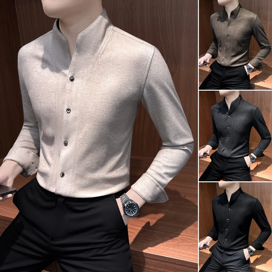V领毛呢长袖衬衫男款爆款2025新款新中式立领衬衣秋冬季商务男装