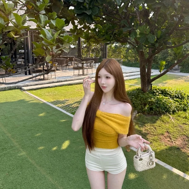 素铂舟舟【梦境芭蕾】蝴蝶结一字肩纯欲上衣