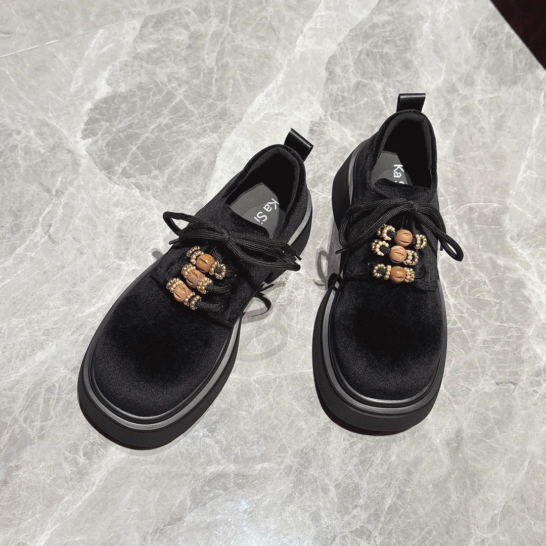 金丝绒~串珠系带厚底深口单鞋女2025秋新款英伦风牛津鞋ins乐福鞋