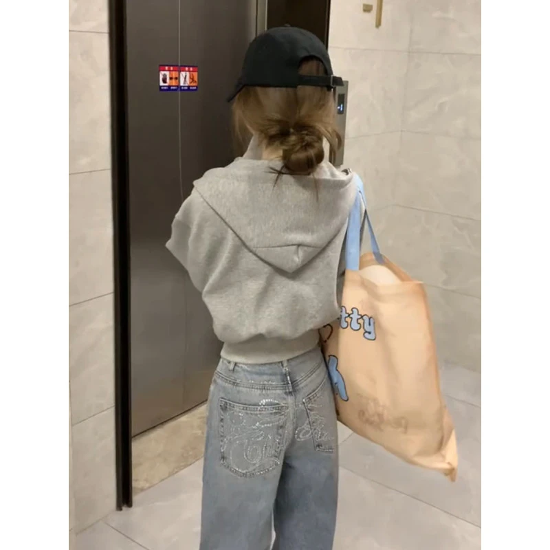 美式风kt猫烫钻直筒牛仔裤女2025秋季新款宽松显瘦阔腿拖地裤长裤