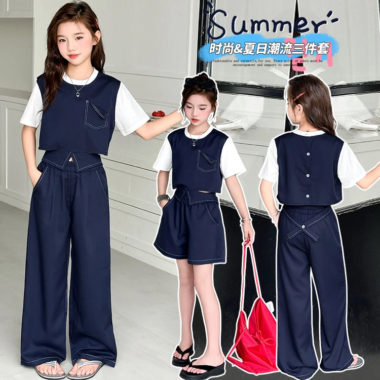 2025女童夏季假两件百搭上衣长短裤套装