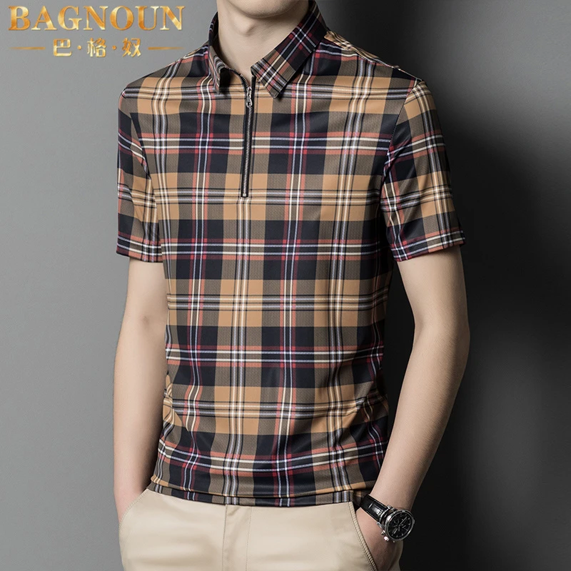 巴格奴Polo衫男士夏季新款时尚潮流半拉链翻领冰丝格子薄l短袖T恤
