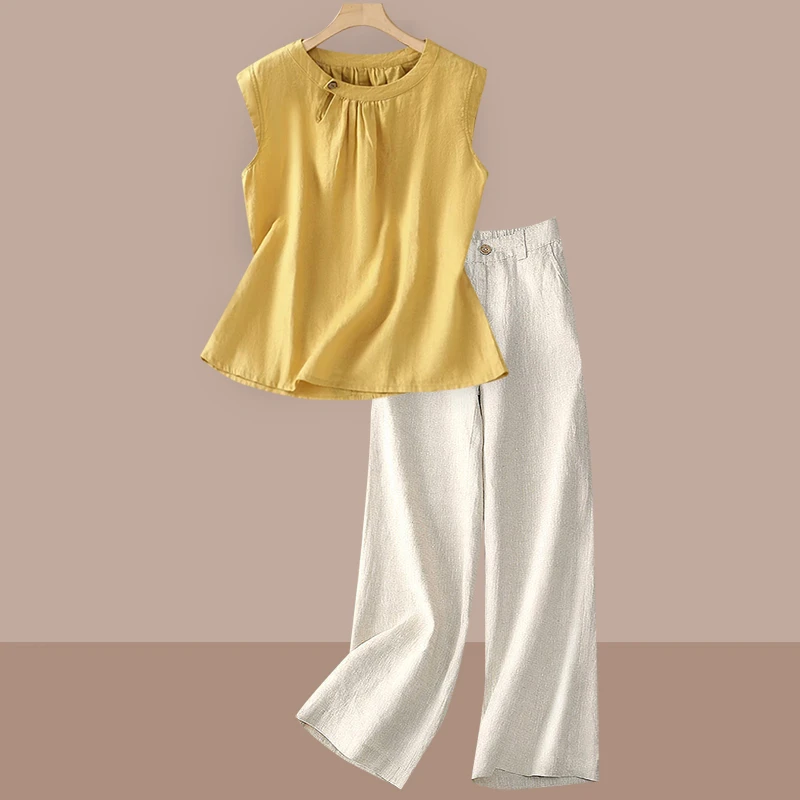 洋气减龄苎麻无袖衬衫套装女士妈妈夏装高端亚麻阔腿裤休闲两件套