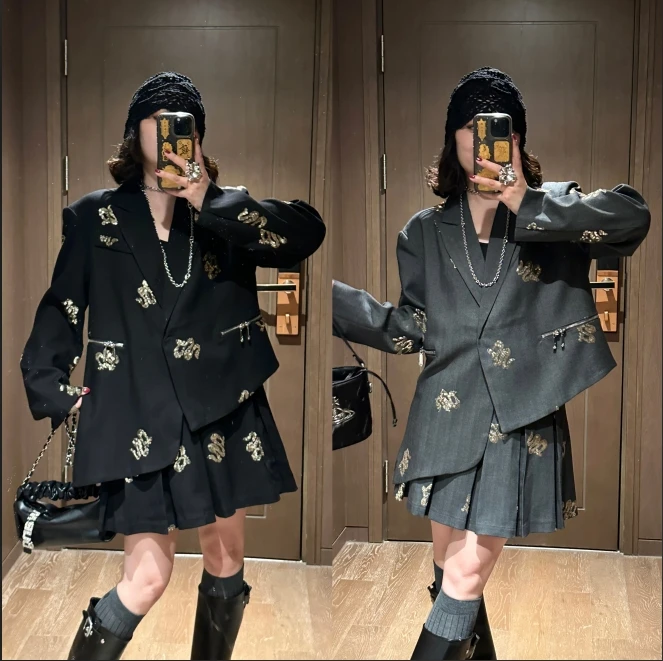 YDFSTUDIO小众【层次美感】欧货高品重磅亮片设计时尚西装+半裙套装