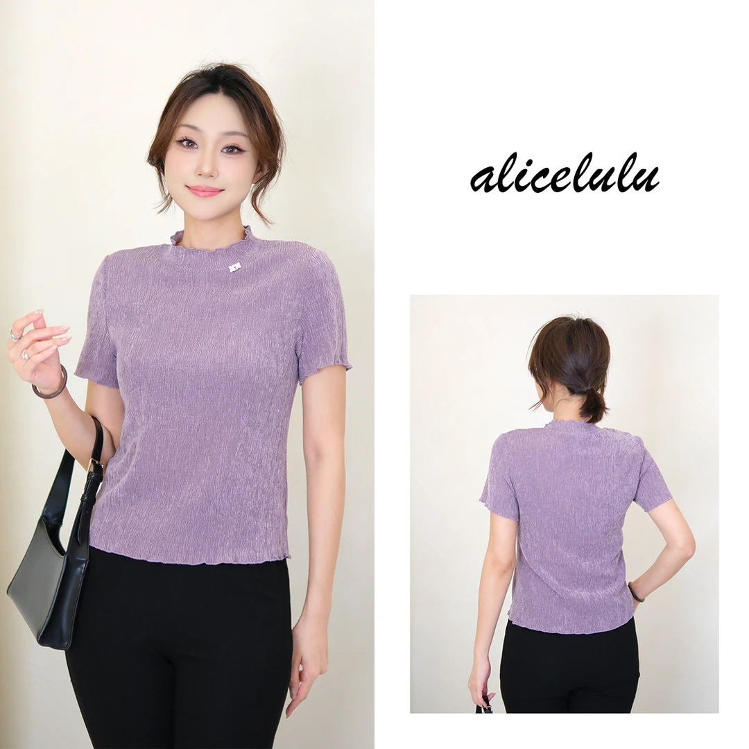 2alicelulu夏季新款肌理感褶皱气质修身T恤S2143293W