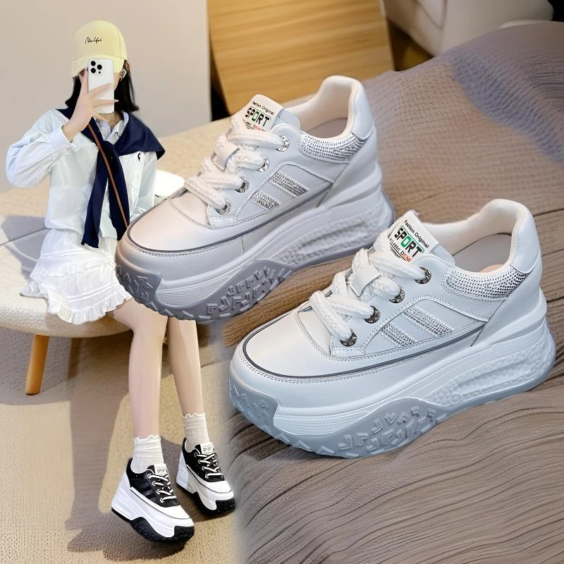 内增高9cm厚底真皮小白鞋女ins韩版不累脚彩钻休闲鞋2025秋季爆款