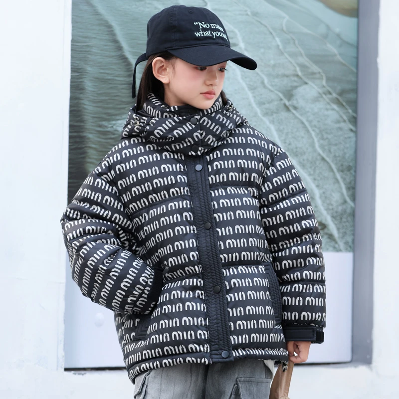 儿童羽绒服男童女童2025年新款冬季潮流嘻哈字母满印短款外套