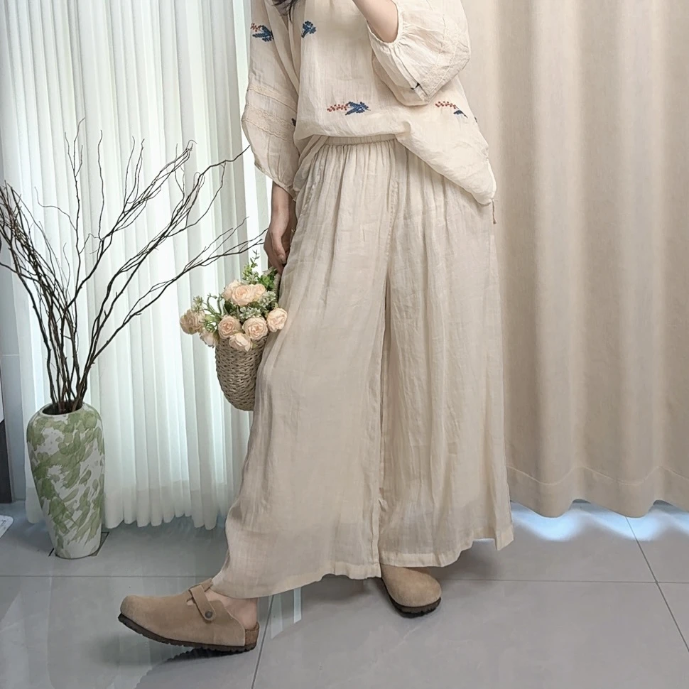 【熹里】夏季新款高腰双层100支纯苎麻阔腿裤休闲净版宽松长裤