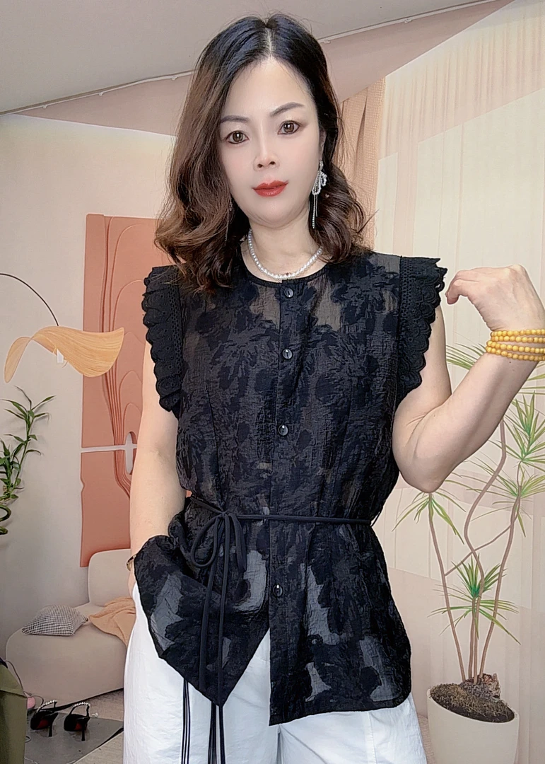 韩熙家圆领系带无袖衬衫女欧货2025夏季新款欧货女装时尚洋气小衫