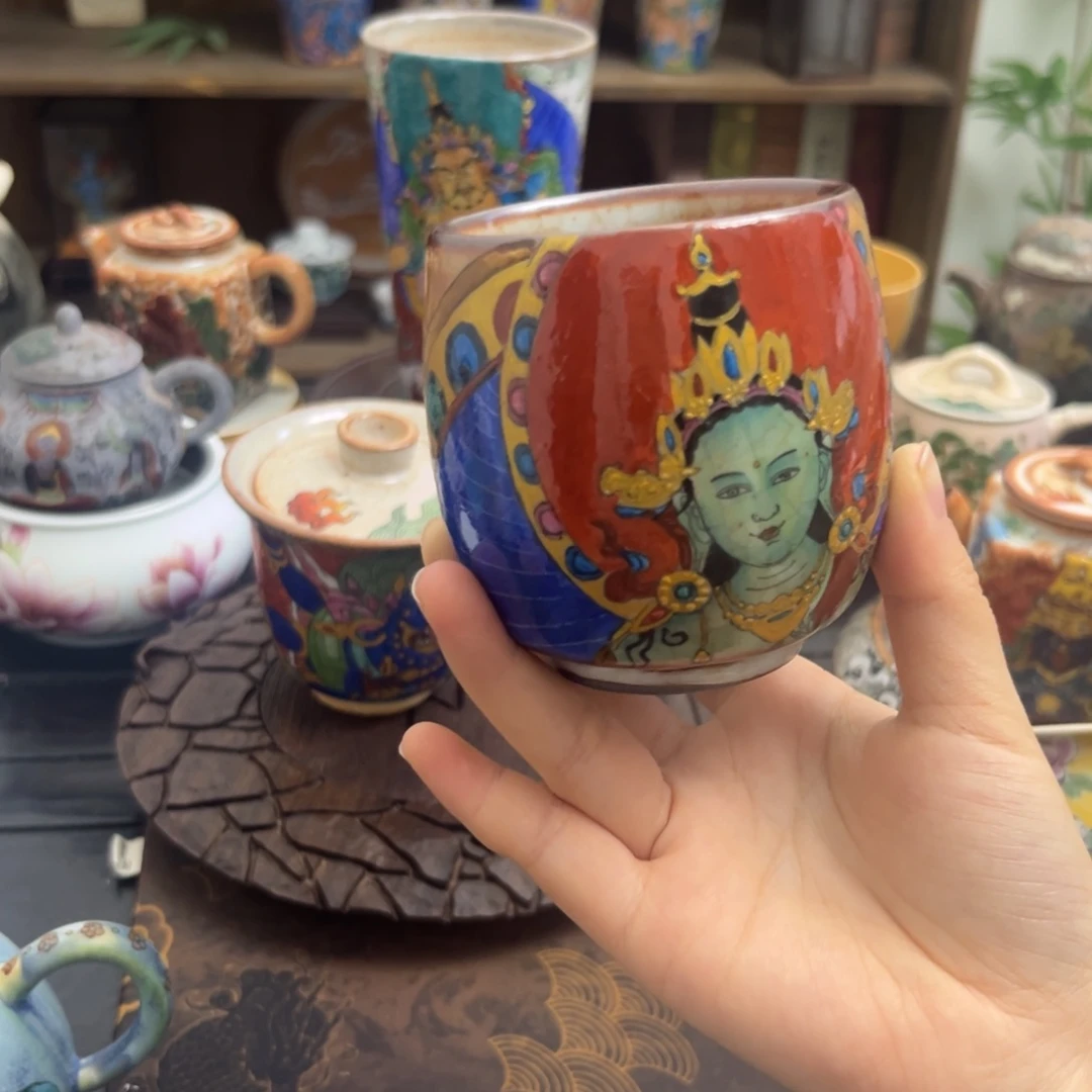 绿度母景德镇手工手绘制作茶具